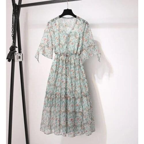 Lady Clothes V-Neck Imitation Silk Chiffon Dress Womens Summer 2021 Mid-Length Slim A-Line Floral Dresses Female Flared Sleeves