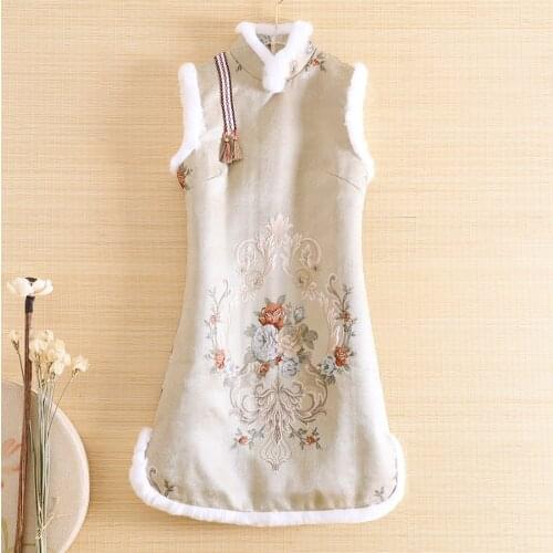 Floral Autumn Women Chinese Style Sleeveless Dress Jacquard Rabbit Hair Warm Dresses Elegant Slim Lady Qipao Party Dress S-XXL