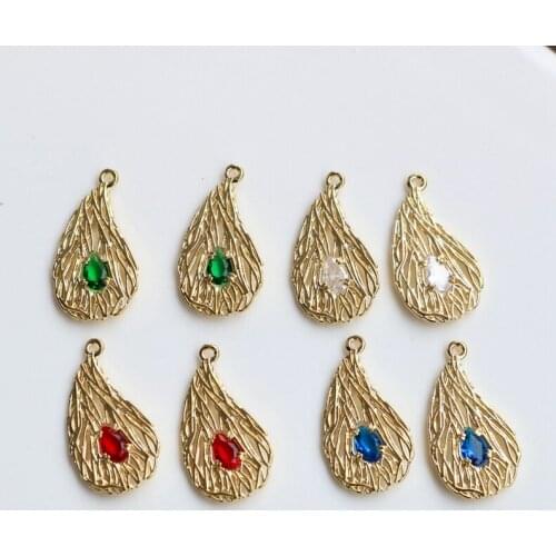 2021 New True Gold Plated Copper 14x25MM Zircon Peacock Feather Necklace Pendant DIY Earring Charm Jewelry Making Accessory