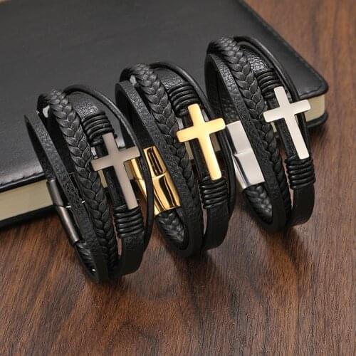 TeHao Trendy Vintage Men Leather Bracelet Cross Charms Stainless Steel Magnetic Clasp Multilayer Braided Bracelets Male Jewelry