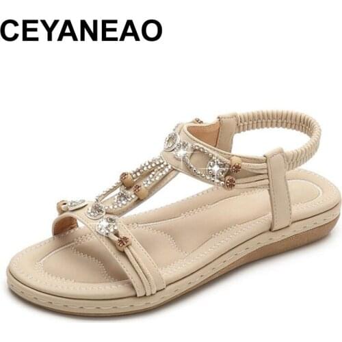 CEYANEAO 2019 New Womens shoes summer sweet beaded flowers Flat shoes Beautiful rhinestone casual woman Comfortable sandals
