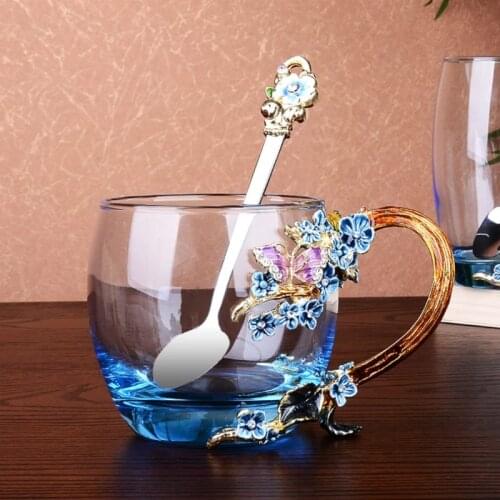 Color enamel flower Tea Cup Mug coffee milk Breakfast Cup Home heat-resistant Glass Teacups