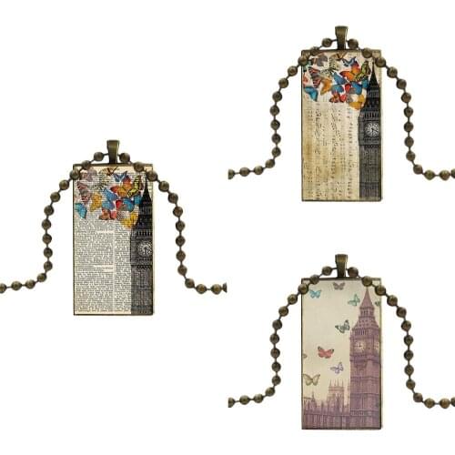 For Women Bronze Color Glass Cabochon With Rectangle Shaped Pendant Choker Necklace London Big Ben With Butterfly