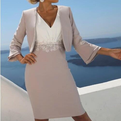 Elegant Sheath Short Lace Applique Mother of the Groom Gowns With Removable Jacket Wedding Guest Gowns Knee Length