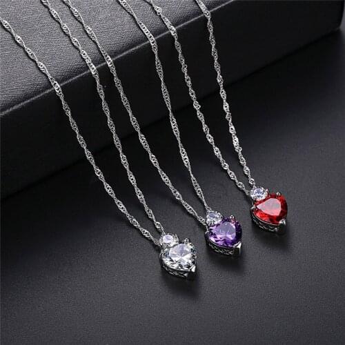 Dainty Female Love Heart Pendant Necklace Classic Silver Color Chain Necklace Charm Rainbow Crystal Wedding Necklaces For Women