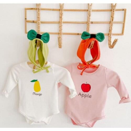 Korean Kids One Piece Bodysuit Unisex Newborn Baby Clothes Autumn Long Sleeve Apple/Mango Baby Boys Girl Onesie Jumpsuit+Bow Hat