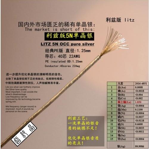Litz 5N single crystal silver PE fever DIY headphone cable base material 40 core OD: 1.25mm
