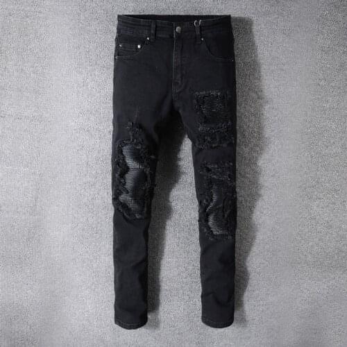Fashion Streetwear Men Jeans High Quality Black Color Slim Fit Elastic Ripped Jeans Men Patchwork Leather Spliced Hip Hop Jeans
