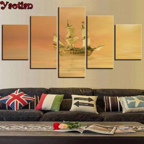 Full Square round Diamond 5 Panels 5D DIY Diamond Painting Sunset sailing landscape Embroidery Cross Stitch kits diamond Mosaic
