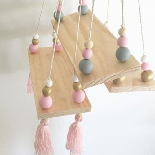 Wall Hanging Ornaments Tassel Beads Pendant Wooden Board Storage Shelf Rack Photo Props Child Kid Room Home Bedroom Decoration