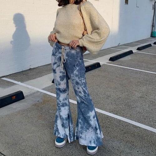 2021 New High Waist Tie Dyed Bell-Bottoms Pants Casual Womens Drawstring Flared Trousers Fashion Ladies Streetwear Fall Spring