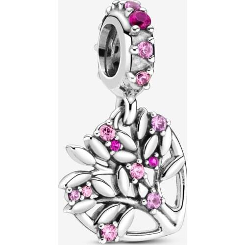 2020 New Authentic 925 Sterling Silver Pink Heart Family Tree Dangle Charm Fit pandora bracelet Bangle pendant DIY jewelry