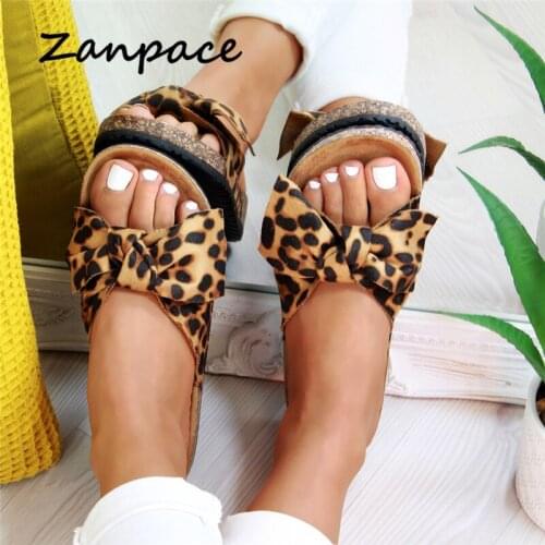 Large Size 43 Bow Slippers Women Leopard Thick Bottom Open Top Sandals Womans Slip on Hemp Platform Sliders Chanclas De Mujer