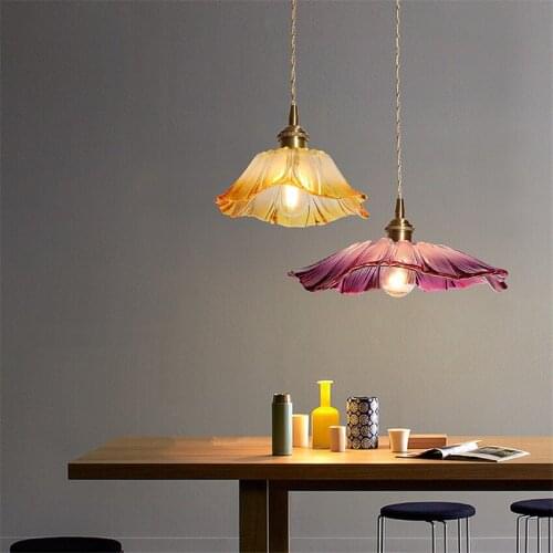 Nordic lotus leaf glass pendant lights bedroom bedside single brass restaurant dining room aisle balcony pendant lamps fixtures