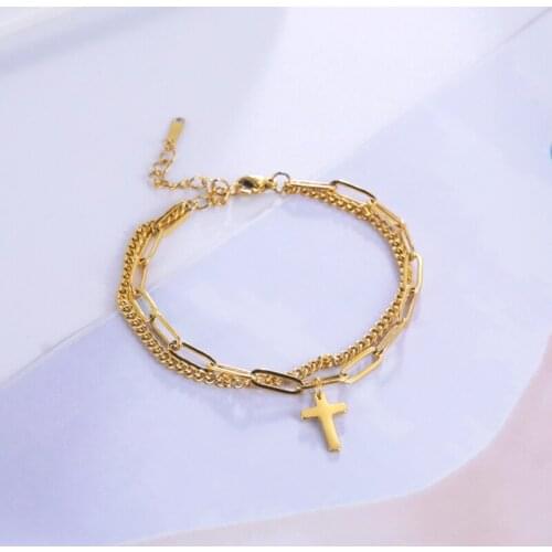 Skyrim Original Cross Charm Bracelets Double Layers For Women Men Stainless Steel Gold Color Religious Christian Jewelry Gifts