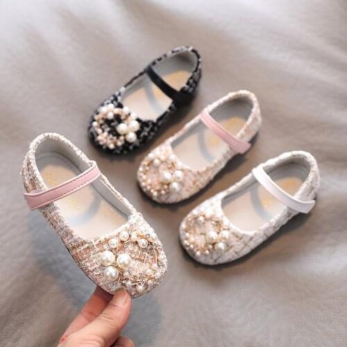 2020 Autumn new girl leather shoes flat shoes small fragrance pearl princess Korean version of rhinestone baby shoes fashion PU