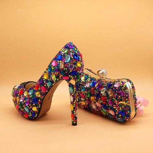 Women wedding shoes with matching bags Multicolored Crystal Thick High heels Ladies Party Dress shoes women Pumps super big size