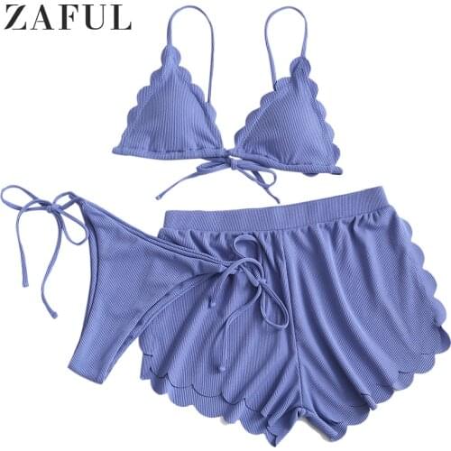 ZAFUL Cornflower Blue Ribbed Scalloped Cami Three Pieces Bikini Swimsuit Women Low Waisted Triangle Bikini Sets Padded Swimwear