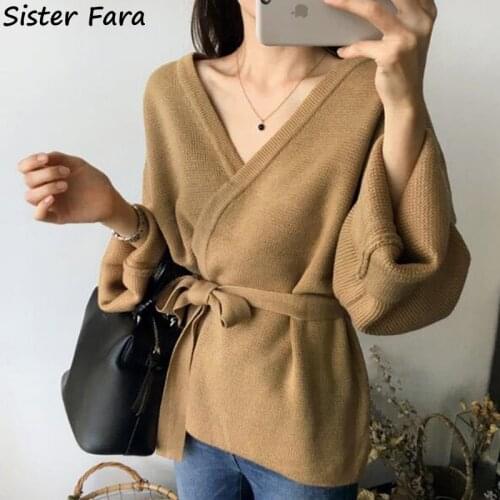 Sister Fara Autumn Winter Ladies Lace Up Knit Sweater Coat V-Neck Solid Long Sleeve Tops Women Casual Knitted Cardigan Sweaters