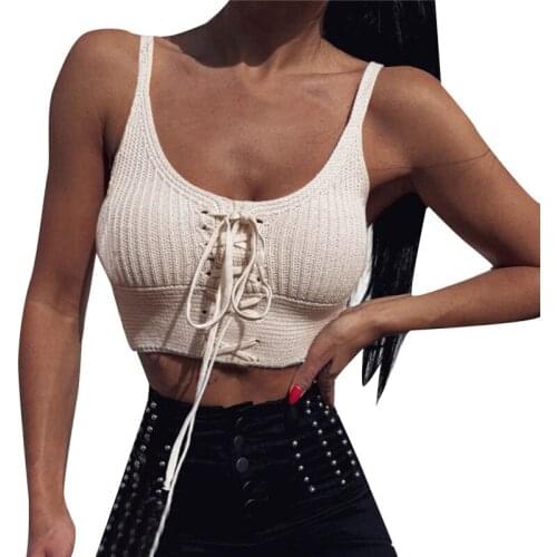 Women Knitted Bandage Camisole Summer Fall Solid Color U-shaped Collar Sleeveless Lace Up Slim Crop Tops Tanks Tube Tops 2021