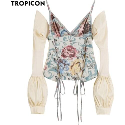 TROPICON Renaissance Print Backless Sexy Top Vintage Lantern Sleeve Blouse Women Long Sleeve Bodycon Desinger Ladies Top