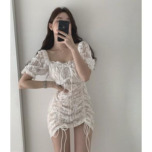French square collar open collarbone bubble short-sleeved dress for women 2021 New elegant gauze irregular drawstring skirt