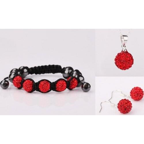 Large Discount Jewelry!Free Shipping!10mm Red Micro Pave Disco Ball crystal Set.Bracelets+Earring+Necklace For Women Hotsale