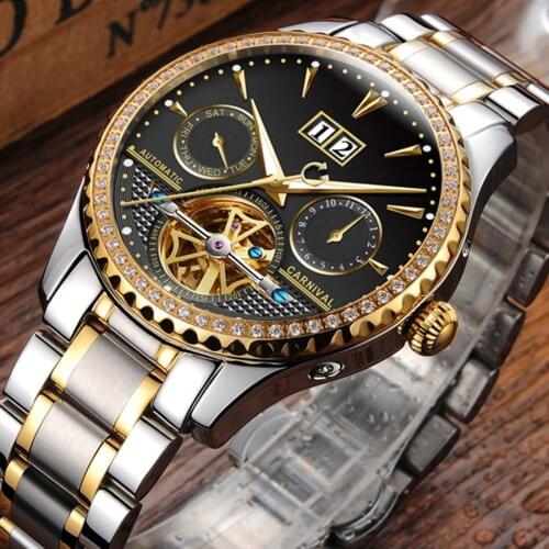 Luxury Diamonds Gilded Automatic Watch Men Sapphire Glass 25 Jewels Movement Tourbillon Stainless Steel Womens Watches reloj