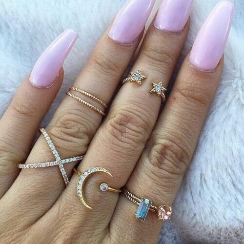 ALYXUY 7Pcs/ Set Shiny Crystal Moon Star Cross Rings Geometric Irregular Ring Set Lady Charm Open Jewelry Accessories Midi Rings