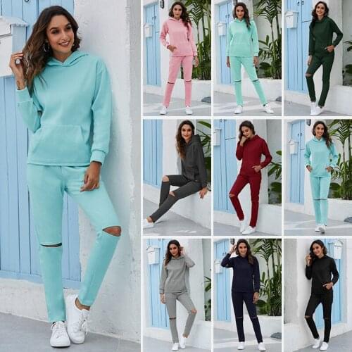 2PCS Hooded Active Sports Wear Loungewear Set Women Full Length Solid Tracksuit Drawstring Hoodies Sweatshirt Suit Sport Outfits