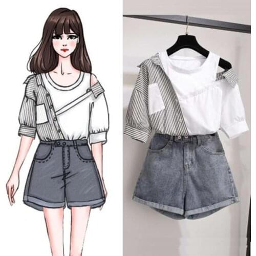 Wild Patchwork Stripes Mock Two-Piece Joint Vest Shirt and Wide leg Denim Shorts Sets Women Simple Fashion Tshirt Shorts Set
