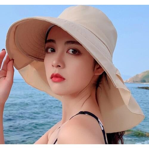 New Summer Beach Sun Hat For Women Girls Small head circumference Ponytail Wide Brim Anti-UV Drawstring Hat Foldable Bucket Cap