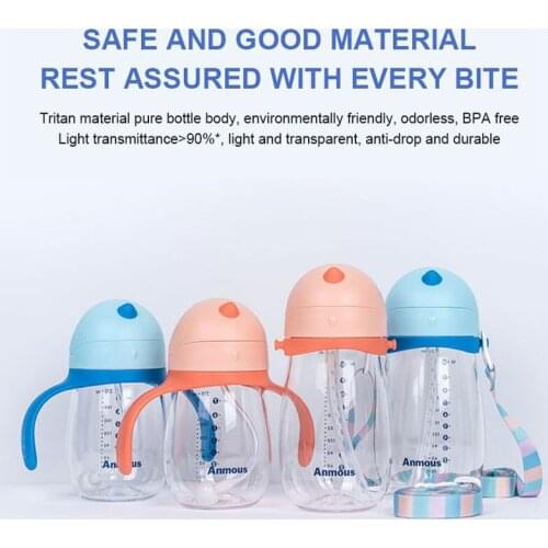 Anmous Baby Bottle Drinking Water Cup Baby Straw Bottle Children Handle Strap Drinking Fall Proof Leak proof Bottle