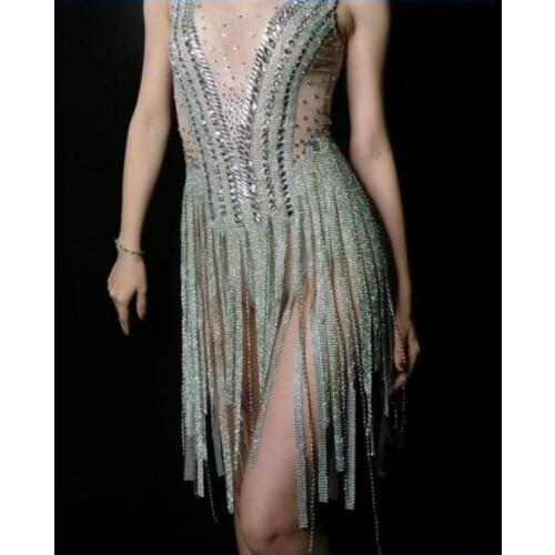 Fashion Silver Rhinestones Fringes Dress Women Birthday Celebrate Bodysuit Costume Tassel Bodysuit Performance Evening Wear