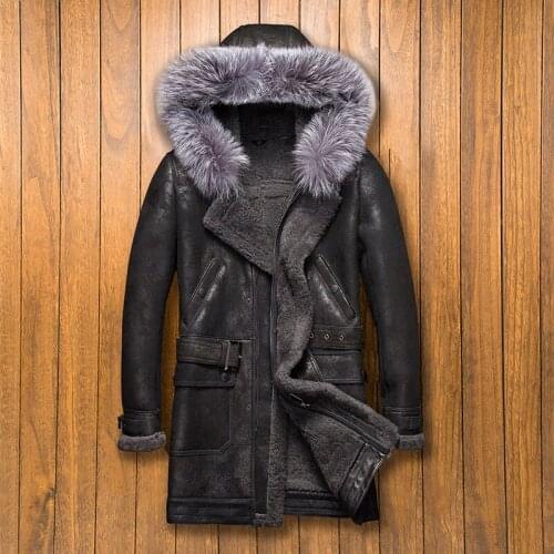Real Sheepskin Coat Winter Genuine Leather Jacket Men Fox Fur Collar Hooded Warm Vintage Leather Jackets 2020 5218
