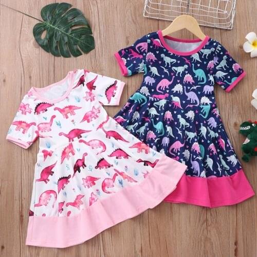 New Baby Girls Clothes Summer Baby Dress Short Sleeve Newborn Infant Dresses Cotton Cratoon Dinosaur Print Toddler Dresses 3-7Y