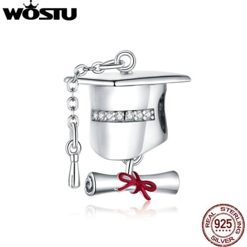 WOSTU Authentic 925 Sterling Silver College Cap Charm Bead Graduation Gift Charms Pendant Fit Original Bracelet Necklace CTC357