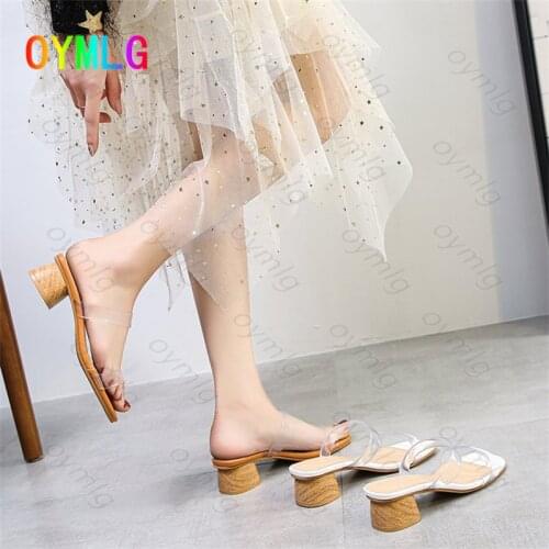 Slippers womens outer wear fairy style 2021 new transparent sandals thick heel square toe one word drag plus size sandals