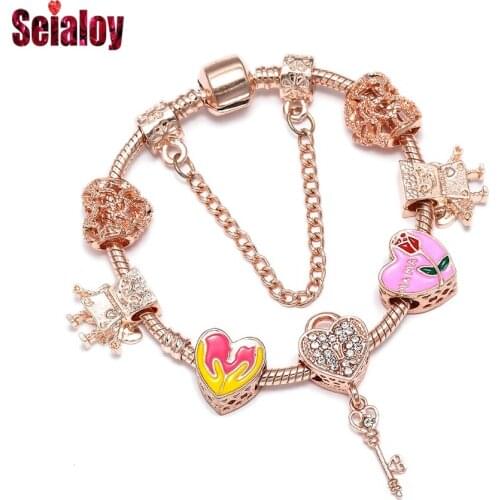 Seialoy Rose Gold Stars Maternal Love Mom Heart Charm Bracelets For Women Original Flower Fairy Bella Beaded Bracelet Jewelry