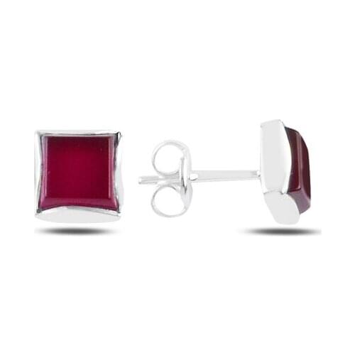 Silverlina Silver Square Red Agate Natural Stone Earrings