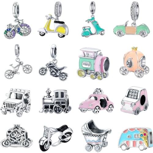 BISAER 100% 925 Sterling Silver Colorful Motorbike Pink Car Vehicle Charms Fit Original Bracelet Necklace Fine Jewelry ECC1082