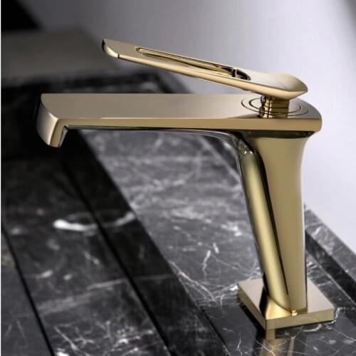 Solid Brass Bathroom Basin Faucet Sink Mixer Hot & Cold Single Handle Deck Mount Lavatory Crane Waterfall Tap Brushed Gold
