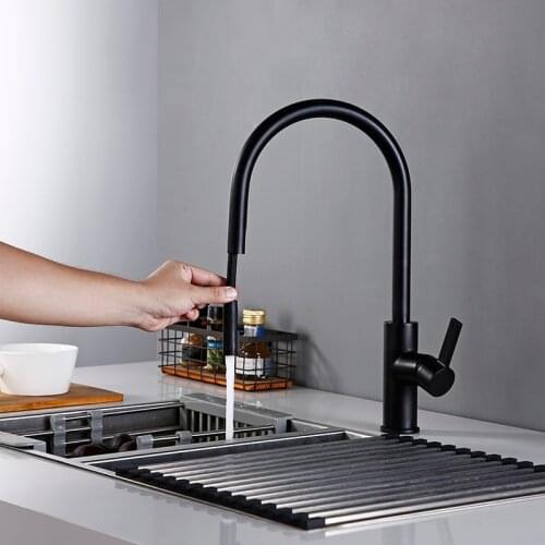 New Arrival Kitchen Faucet Swivel With Invisible Pull Out Nozzle Sprayer Gooseneck Pull Down Mixer Sink Tap in Matt Black