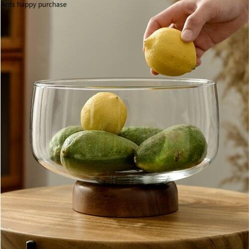 Clear Glass Plate Wooden Bottom Tall Feet Round Fruit Plate Salad Bowl Dessert Bowl Candy Snacks Tray Dried Fruit Plates Dish