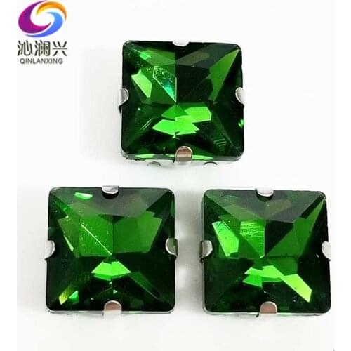 Grass green top quality Glass Crystal sew on stones,square shape claw rhinestone with holes,Diy/Clothing accessorie SWZ420