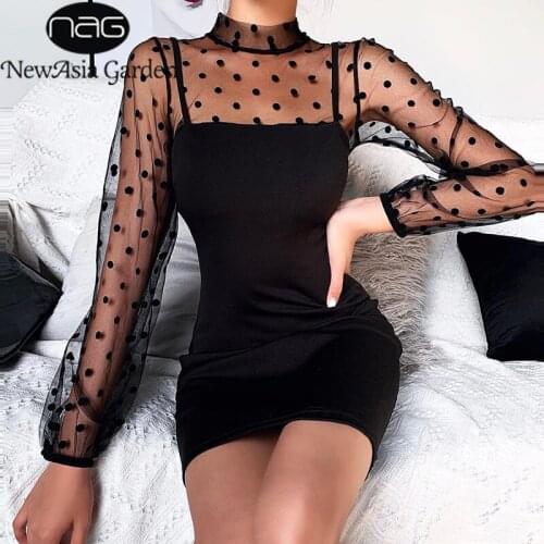 NewAsia Garden Mini Sexy Dresses Woman Party Night Sheer Mesh Splice Polka Dot Bodycon Short Dress Long Sleeve Slim Black Dress