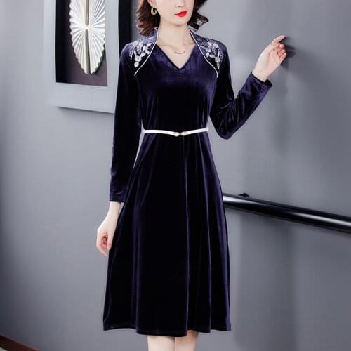 Spring Autumn High Quality 4XL Plus Size Blue Gold Velvet Midi Dress Casual Vintage Elegant Dresses Women Bodycon Party Vestidos
