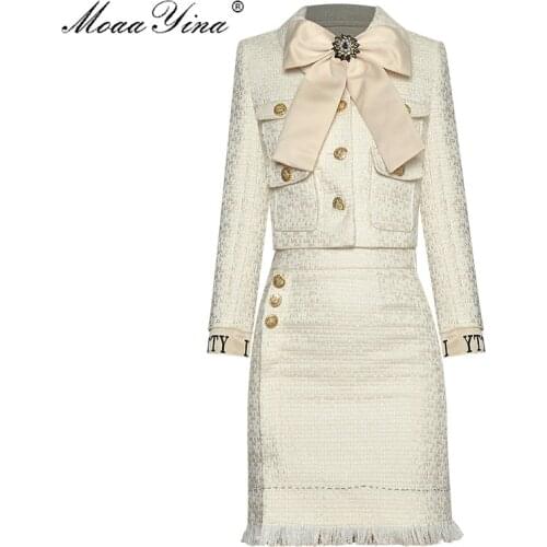 MoaaYina Fashion Designer Set Spring Autumn Womens Long sleeve Beaded Bowknot Tops+Short skirt Two-piece set