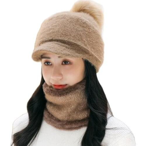 Women Scarf Hat 2 pieces Set Autumn Beanies Knitted Skullies Cap Winter Girl Lady Warm Pure Colour Neckerchief Bib Bonnet Suit