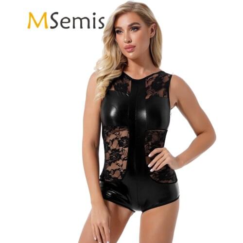 Womens Lingerie Rave Bar Clubwear Round Neck Sleeveless Faux Leather Bodysuit Catsuit See-through Lace Patchwork Skinny Jumpsuit